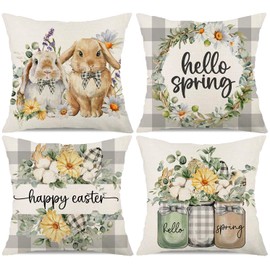 Kithomer Buffalo Plaid Easter Bunny Eucalyptus Pillow Covers 20x20 Set of 4 Spring Farmhouse Quotes Decorations Truck Vase Bless Our Home Linen Cushion Case Gifts for Home Decor
