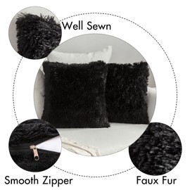 MIULEE Pack of 2 Luxury Faux Fur Throw Pillow Cover Deluxe Decorative Plush Pillow Case Cushion Cover Shell for Sofa Bedroom Car 18 x 18 Inch Black