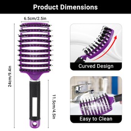Segbeauty Detangling Brush, Curved & Vented Hair Brush, Head Scalp Massage Comb in Boar Bristle, Ventilated for Tangled & Uncontrollable Hair (Purple)