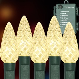 TWINGLEHOME 50LED C6 Lights,Green Wire,Waterproof Battery Case,Multi Functions,Timer,Warm White