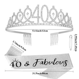 KIUEZIR 40th Birthday Tiara & Sash Set - Silver Rhinestone Crown with Comb & Adjustable Glitter Sash, 40&Fabulous Party Accessories for Women Birthdays/Anniversaries/Celebrations & Photo-Ready Gift