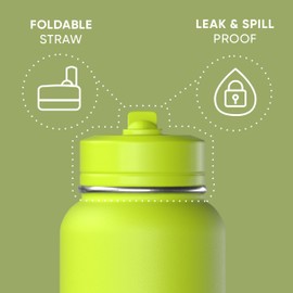 Hydrapeak 32oz Sport Insulated Water Bottle with Straw or Chug Lid, Leak & Spill Proof, Keeps Drinks Cold for 24 Hours, Hot for 12 Hours, Premium Stainless Steel Water Bottles (32oz, Neon Green)