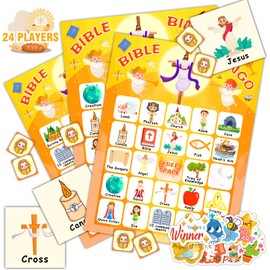 HomSeon 24 Players Bible Bingo Cards, Christian Bingo Game for Kids with Punny Stickers Jesus Religious Christian Game for Church Sunday Family Activities