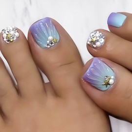 24 Pcs Purple Ombre Press on Toenails Short Square - Summer Shells Fake Toe Nails Press ons with Starfish Pearl Nail Charm Full Cover Acrylic Beach Blue False Toe Nail Cute Glue on Nails for Women