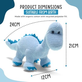 Best Years | Knitted Organic Cotton Pastel Blue Diplodocus Dinosaur Baby Rattle | Newborn Gift | Baby Safe from Birth | Machine Washable | 21cm x 24cm | Ethically Sourced