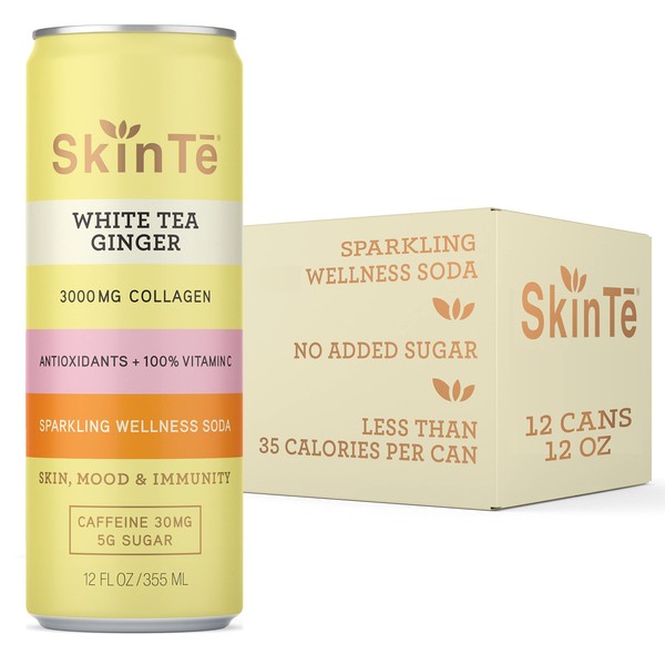 SKINTE Collagen Sparkling Tea Organic White Tea with Ginger | 12 oz (Pack of 12) | Antioxidants and Vitamin C | 3000mg Collagen Peptides | Benefits Skin, Mood and Immunity | Zero Added Sugar