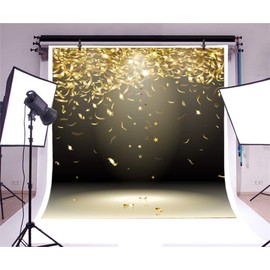 Laeacco 8x8ft Golden Confetti Ribbon Birthday Backdrop Abstract Black Stage Carnival Victory Party Award Ceremony Photo Backdrop Christmas New Year Eve Party Graduation Party Prom Photo Studio Prop
