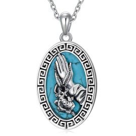 Reaii Natural Turquoise Serenity Prayer Necklace for Women 925 Sterling Silver Praying Hands Cross Pendant Genuine Turquoise Christian Jewelry Gift for Mom Wife