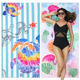 2 Pack Microfiber Beach Towel Quick Drying, Extra Large 71" x 35" Sand Super Lightweight Thin Towels for Travel Swimming Yoga Camping Picnic Vacation Beach Accessories Gift Flamingos & Sea Turtles