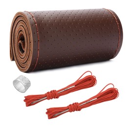 Ziciner Genuine Leather Steering Wheel Cover, Stitch on Wrap, Breathable Anti-Slip Car Steering Wheel Protector for Max Diameter 15 Inch, DIY Sewing with Needle Thread (Coffee, Hole)