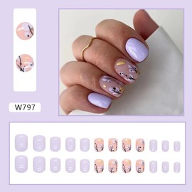 24Pcs Square Press On Nails Short Fake Nails With Gold Leaf Tree Designs Purple False Nails Spring Summer Acrylic Nails Glossy Nails Press Ons Nude Glue On Nails Artificial Stick On Nails For Women
