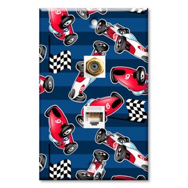 Art Plates - Decorative Printed 2 Port Data Wall Plate, RJ11 Telephone Jack Connector with RJ45 (Cat5, Cat6, Cat7) Ethernet Connector, Gold-Plated - Racing Cars