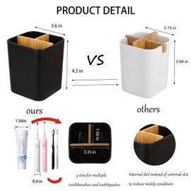Bamboo Toothbrush Holder for Bathrooms, 3 Slots Toothbrush and Toothpaste Holder Bathroom Counter Organizer for Electric Toothbrushes, Floss, Razors - Black