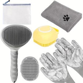6pcs Dog Bath Brush Kit with Towel & Washing Gloves, Slicker Hair Grooming Brush for Shedding, Shampoo Scrubber for Dogs and Cats:_Pink
