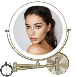 Batuso 8.5" Wall Mounted Makeup Mirror with Light, 2000mAh Rechargeable Double Sided 1X / 10X Magnifying Vanity Mirror, 3 Color Lights Touch Dimmable 360° Rotation Bathroom Mirror, Nickel