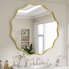 VETROVUE Round Wavy Mirror, 30 Inch Metal Frame Circle Mirror, Round Wall Mounted for Entryway, Bathroom, Vanity, Living Room, Gold