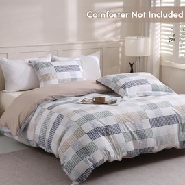 LONAVA Queen Duvet Cover Set Printed 3 Pieces, (No Comforter) 1 Lightweight Plaid Biege Duvet Cover with Zipper Closure and 2 Pillowcases,Premium Soft Microfiber (Modern Plaid)