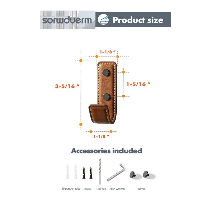 SORWDUERM 4 Pack Brown Leather Coat Hooks Wall for Hanging