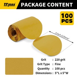 100PCS 5 Inch PSA Sanding Discs 220 Grit | Self-Adhesive Sandpaper Roll for DA Sanders, Orbital Sander | Gold Aluminum Oxide Sticky Back Abrasive Discs for Automotive, Woodworking, and Metal Polishing