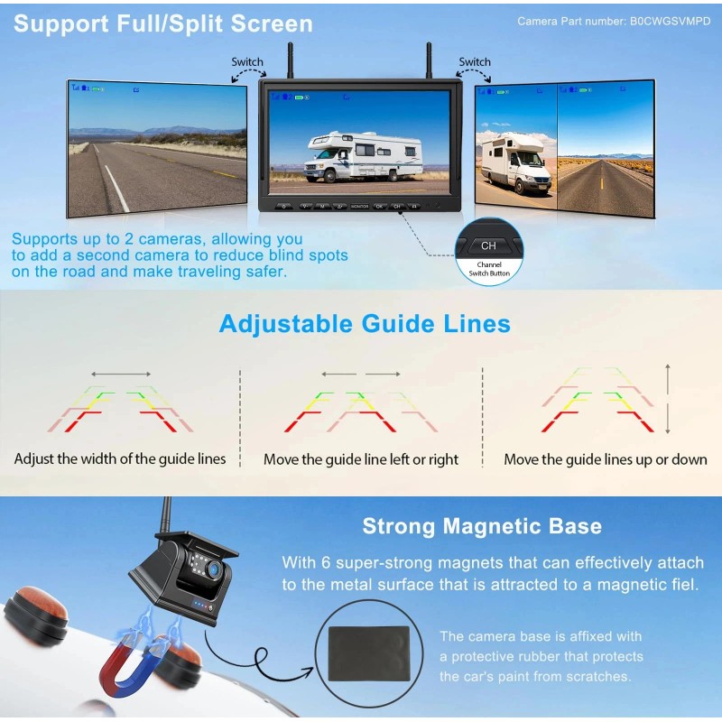 Wireless 10.1" Car Monitor DVR Magnetic Solar Backup Camera Reverse