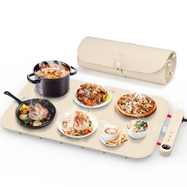 Megeo Food Warming Mat with Detachable Power Plug, Upgrade High-tech Graphene Heating, Fast Full Surface Electric Warming Tray with 6 Level Adjustable Temperature and 6 Hours Timer, Roll Up Food Warmers for Parties Buffet - Color: Cream