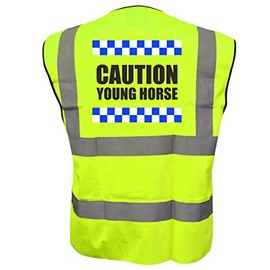Equestrian SILLITOE CAUTION YOUNG HORSE Hi Viz Vis Vest Horse Riding Equine Safe Reflective Waistcoat Jacket Road Safety Visibility Large