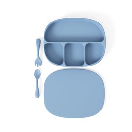 Muqee Peeko Baby Led Weaning Supplies Set with Baby Spoons Forks and Baby Plates in Blue Color for Baby Boys - (3 Piece Set) Baby Feeding Essentials set in Safe Silicone