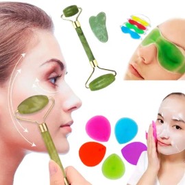 Kit Rodillo de Jade  Gua Sha  Antifaz Gel  Cepillo Facial Masaje                                                                                      