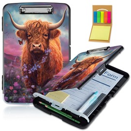 Clipboard with Storage,Plastic Clipboard Case Box with Pen Holder,Heavy Duty Clipboard Storage Box with Clips for Coaches Clipboard Folder Case,School Office Supplies-Cute Highland Cow