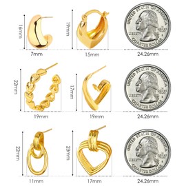 Xinxinly 6 Pairs Hypoallergenic Hoop Earrings Set for Gift, Chunky 18K Gold Plated Huggie Earrings Lightweight Brass Jewelry Earrings for Women and Girls