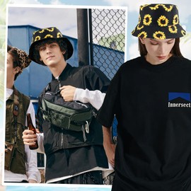 AUNGCSHE Fishing Hat, Sun Hat, Bucket Hat for Men and Women, Double-Sided Wear Fishing Hats, Retro Outdoor Fishing Hat, Foldable Bush Hat for Hiking, Camping, Holidays (Flamingo), black and yellow