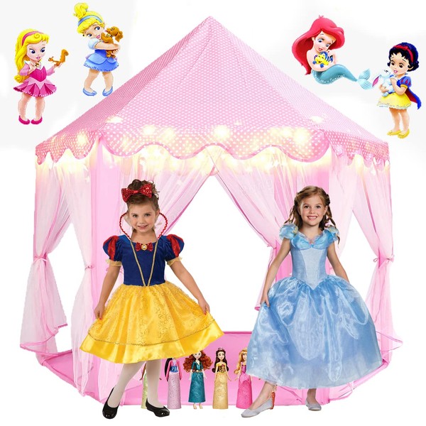 LimitlessFunN Princess Tent Bonus Star Lights, Girls 55" x 53" Large Hexagon Playhouse, Indoor & Outdoor