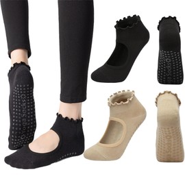 ANIDL 2 Pairs Frilly Yoga Socks Non Slip with Grip Yoga Pilates Ballet Barre Socks for Women (black/skin color)