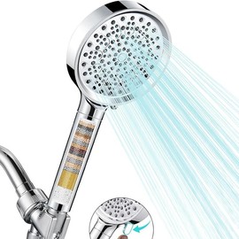 Filtered Shower Head with Handheld, High Pressure 6 Spray Mode Showerhead with Filters, Water Softener Filters Beads for Hard Water - Remove Chlorine - Reduces Dry Itchy Skin, Matte Black - Color: 1. Chrome, Style: Round