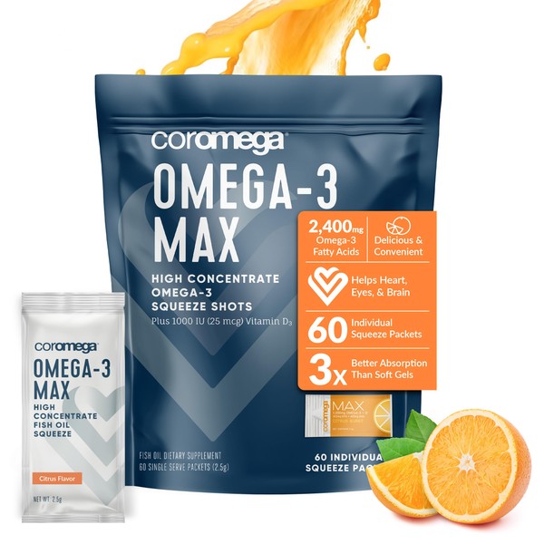 Coromega MAX High Concentrate Omega 3 Fish Oil, 2400mg Omega-3s with 3X Better Absorption Than Softgels, 60 Single Serve Packets, Citrus Burst Flavor; Omega 3 Supplement with Vitamin D