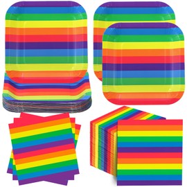 Funnymoom 100 Pcs Rainbow Pride Party Supplies Colorful Stripe Paper Plates and Napkins, 7 Inches Disposable Plates 13 Inches Dinner Napkins for Birthday Graduation Pride Party Decorations, Serves 50