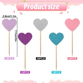 JJUNW Hearts Cupcake Decoration, Pack of 50 Heart Cupcake Toppers, Glitter Multicoloured Hearts Muffins Decoration Wedding Hearts Muffin Topper for Anniversary Bride Party Birthday Valentine's Day