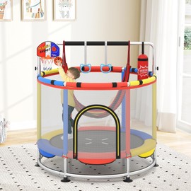 OLAKIDS 55" Trampoline for Kids, Indoor Outdoor Adjustable Toddler Trampoline with Enclosure Safety Net, Baby Recreational Trampolines with Basketball Hoop Hammock Boxing Bag Gymnastic Bar Rings
