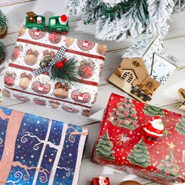 Dtiafu Christmas Wrapping Paper Bundle for Women Man Boys Girls Kids - 12 pcs 6 Style Red Blue Xmas Gift Wrap with Vintage Flowers Trees Candy Cane Stars Patterns for Holiday Celebration - 20 X 28