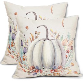Fall White Pumpkin Pillow Covers 18X18 Inch Purple Flower Leaves Decorative Pillow Cases Seasonal Autumn Thanksgiving Harvest Throw Pillows Set of 2 Home Decor For Sofa Couch Bedroom Porch Outdoor