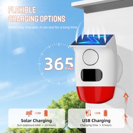 Solar Outdoor Motion Sensor Alarm, Waterproof Solar Strobe Siren Alarm 120dB Sound Security Siren Light for Driveway, Home, Farm, Barn, Villa, Yard