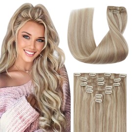 Sunny Hair Clip in Hair Extensions Human Hair Remy Human Hair Clip in Extensions Straight Hair Extensions for Women Clip in 110g 14inch Warm Ash Blonde Mix Bleach Blonde