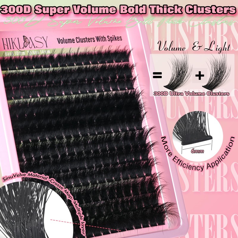 Thick Lash Clusters 300D Extra Volume With Spikes,14-22mm Dramatic Mega