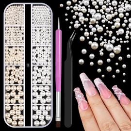 400 Pcs Resin Round Pearls Kit, Multi Sizes 3D 2-6mm White & Beige Nail Pearls Beads Decorations with Tweezers and Dual-end Brush for Nail Art, Crafts Artwork DIY, Face Makeup Gems Jewels (21-K1)
