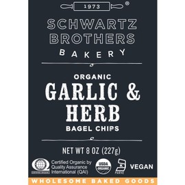 Garlic & Herb Bagel Chips NY Style Bagel Crisps. Organic, Vegan, Kosher. From the artisans of Schwartz Brothers Bakery. Baked Fresh. Twice Baked. 8 ounce container. Great Snack. Delicious. Pack of 2.