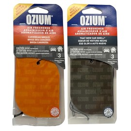 Ozium Paper Hanging Car Air Freshener with Odor Eliminator for Car - Refresh Your Ride with Automotive Air Fresheners, 3 Pieces (Caribbean Breeze + That New Car Smell, 2 Packs Combo Kit)