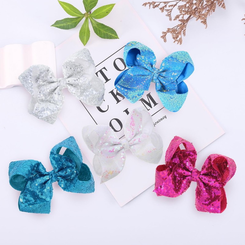 AMYDECOR 8 Inch Green Sparkly Glitter Sequin Hair Bows for