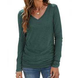 Sherosa Womens V Neck T Shirts Jersey Knit Cotton Long Sleeve Shirts Fall Clothes for Teen Girls Dark Green,L