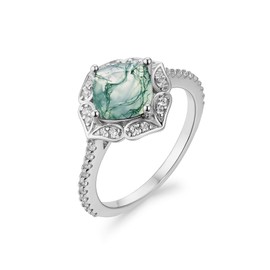 ITI KUOLOLIT Natural Moss Agate Gemstone Rings for Women Solid 925 Sterling Silver Rings for Women Trendy Cusion Engagement Wedding Ring Gift (7, Natura Moss Agate-White)