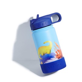 KOBONA Kids 400ml / 14-oz Dinosaur Water Bottle - Double Wall Vacuum Insulated Stainless Steel Sip Cup with Bonus Straw for Children (Blue)